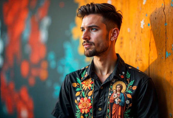 Contemplative Man with Floral Embroidered Shirt