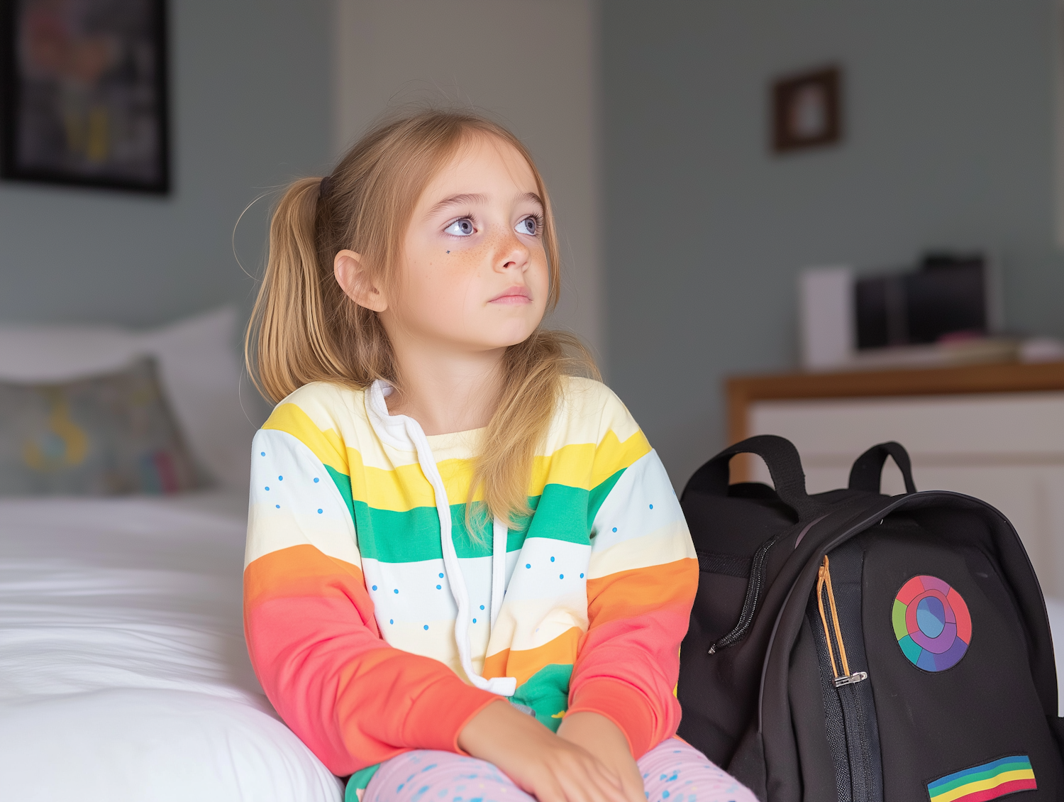 Contemplative Girl in Colorful Hoodie