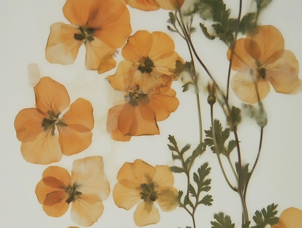 Pressed Orange Flowers and Green Leaves