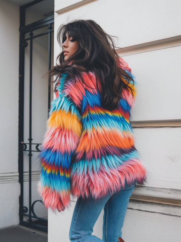 Fashionable Young Woman in Rainbow Faux Fur Coat