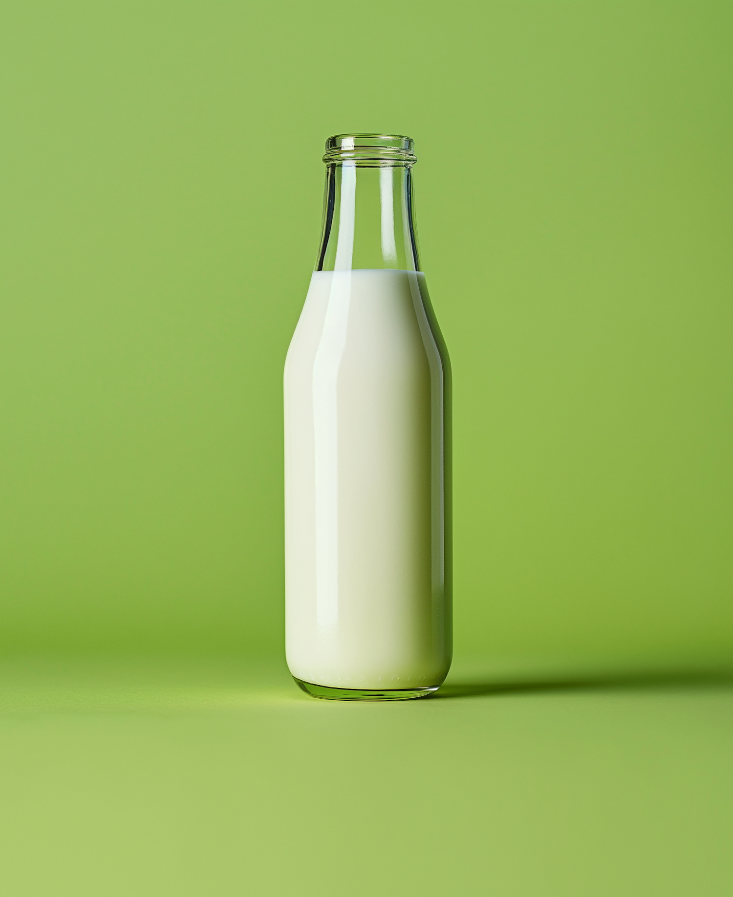 Clear Glass Bottle of Milk on Green Background