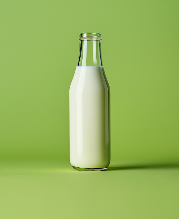 Clear Glass Bottle of Milk on Green Background