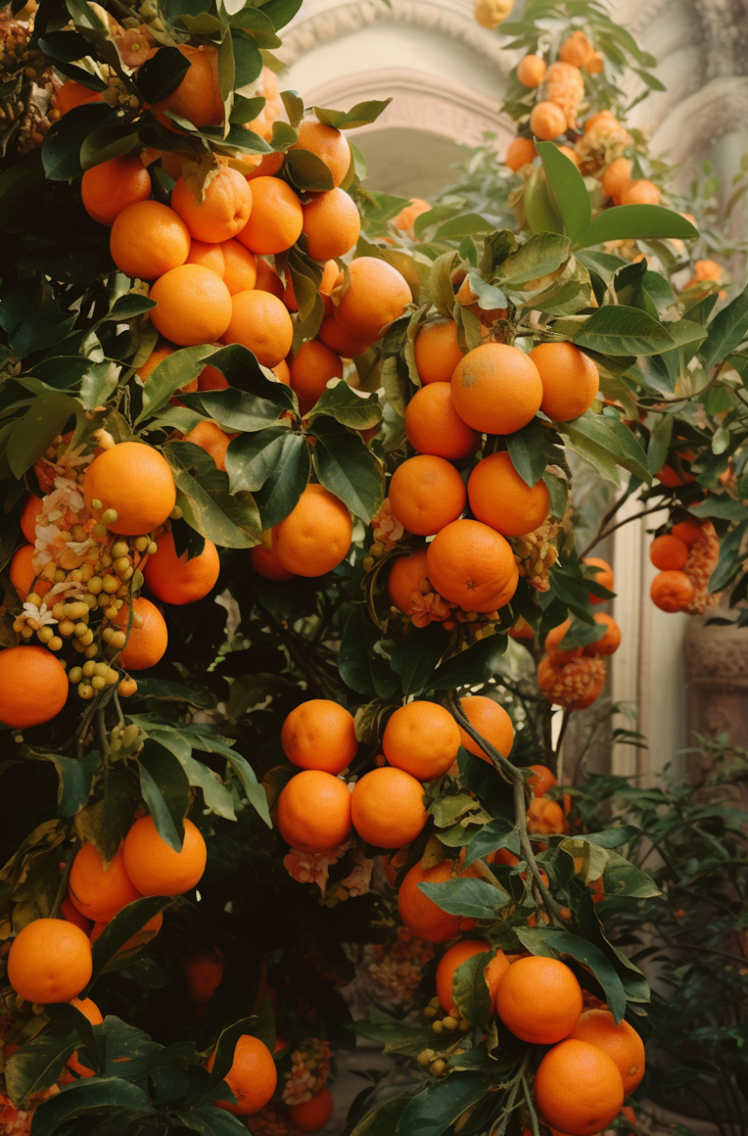 Abundant Orange Harvest in Classical Garden