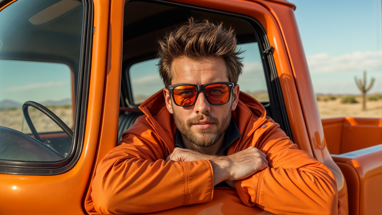 Man in Orange Jacket Seated in a Retro Car