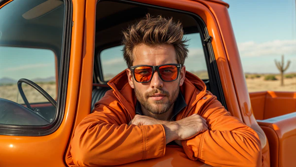 Man in Orange Jacket Seated in a Retro Car