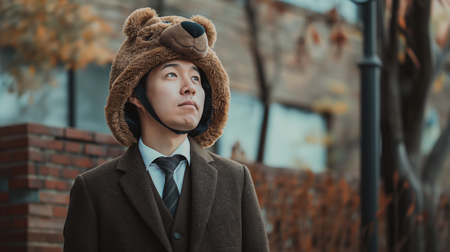 Contemplative Man in Bear Hat