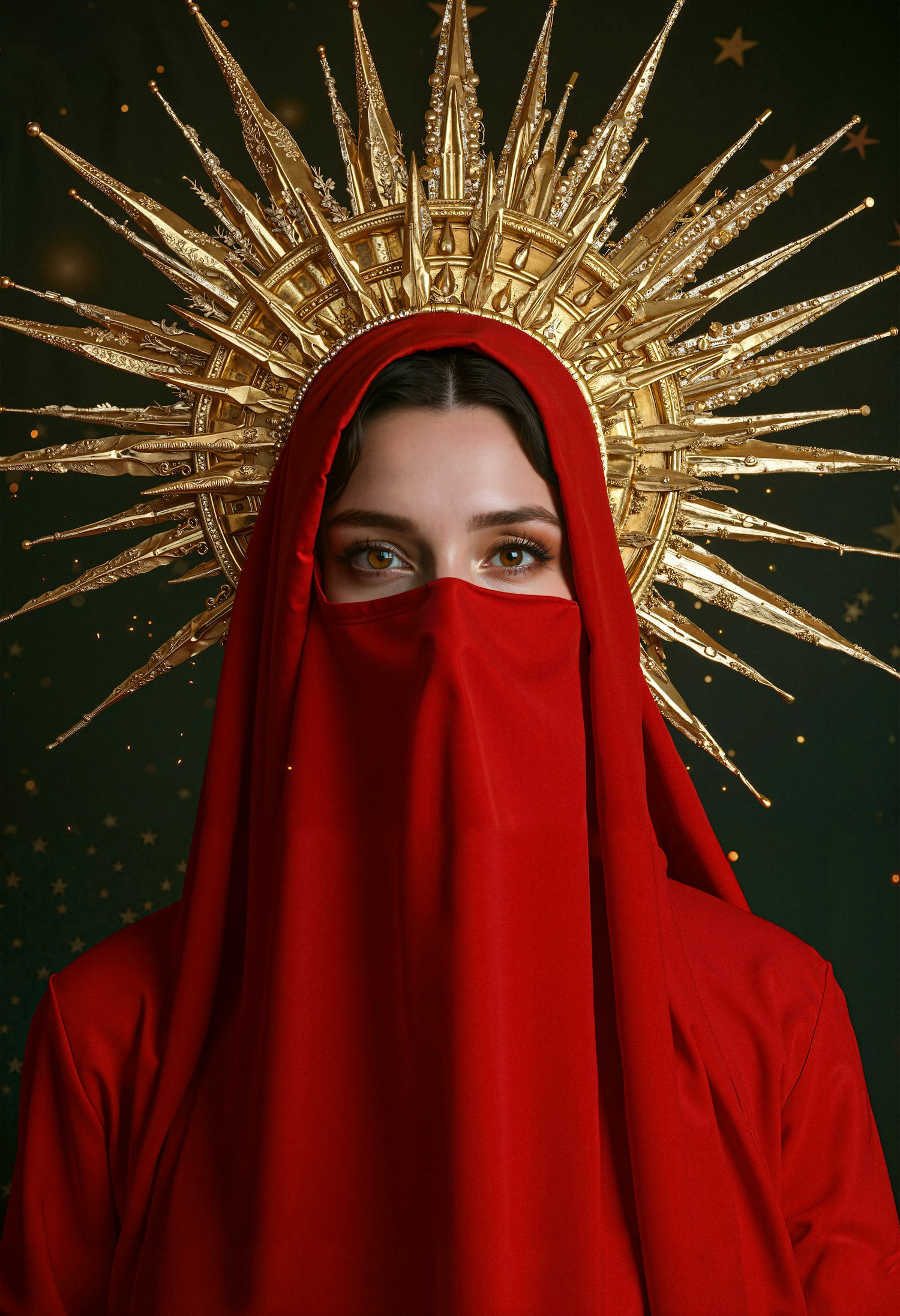 Majestic Red Veiled Woman with Golden Headdress