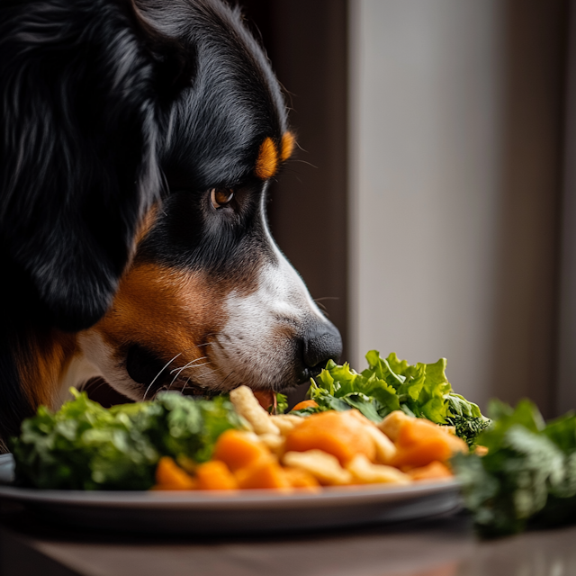 Curious Bernese Mountain Dog with Plate of Food