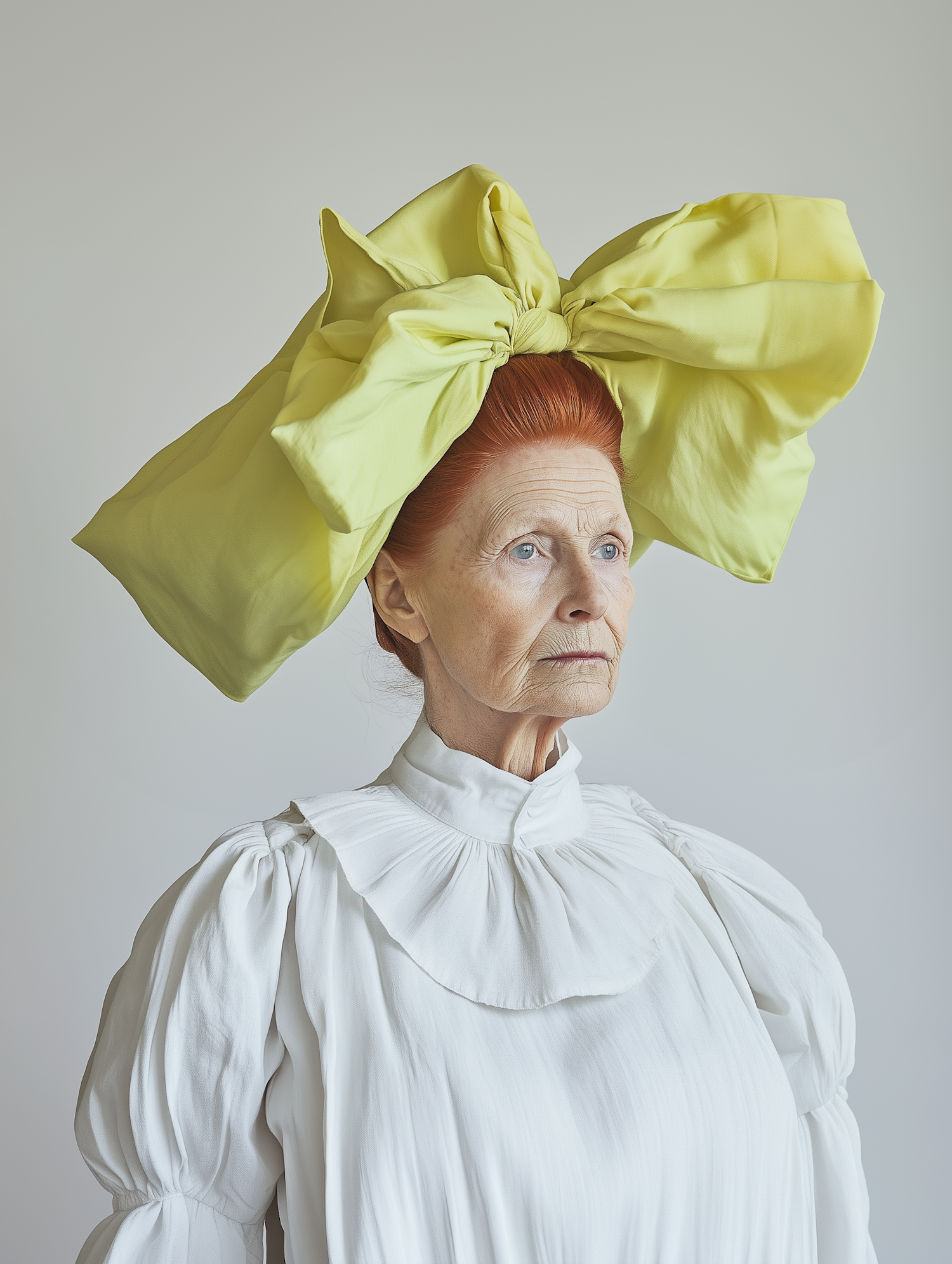 Elderly Woman with Red Hair and Yellow Bow