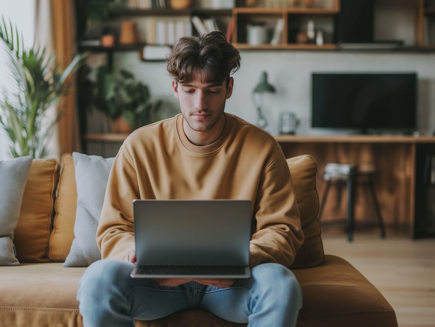 Focused Man on Mustard-Yellow Couch Using Laptop