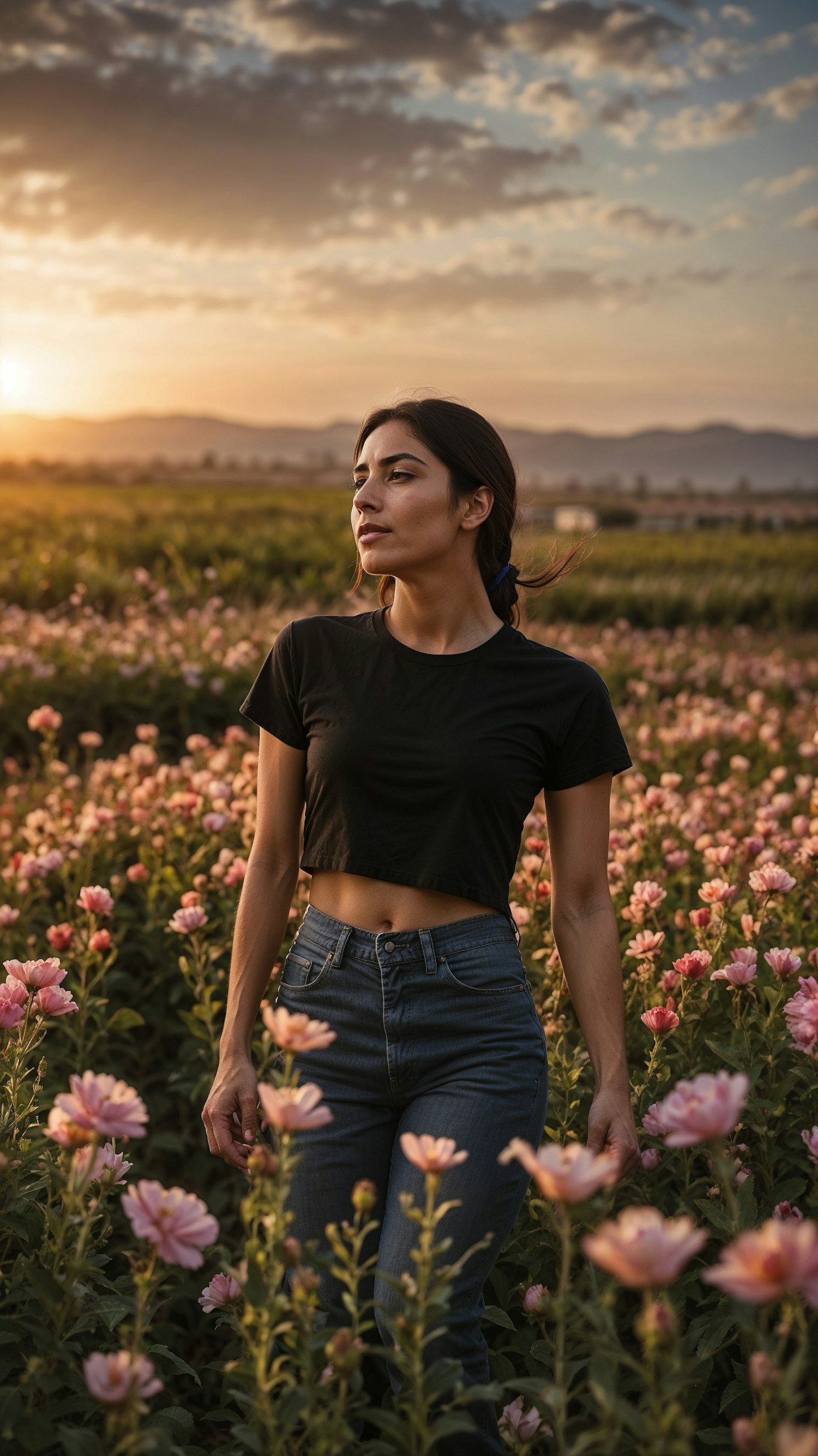 Woman in Field of Pink Flowers at Sunset