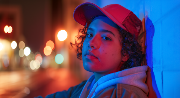 Contemplative Teenager Against Colored Nighttime Backdrop