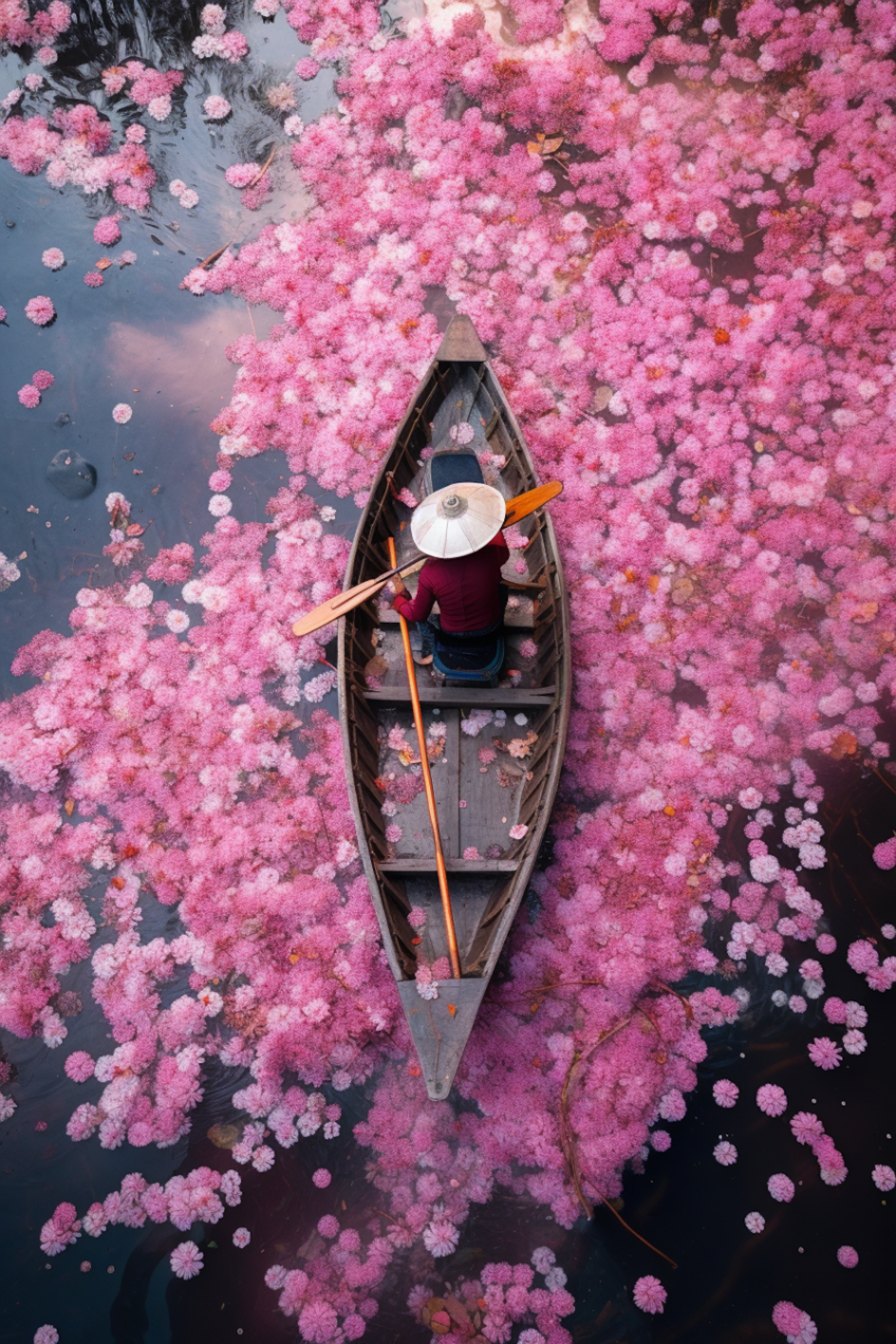 Serenity in Bloom: The Boatman Amidst the Pink Florals