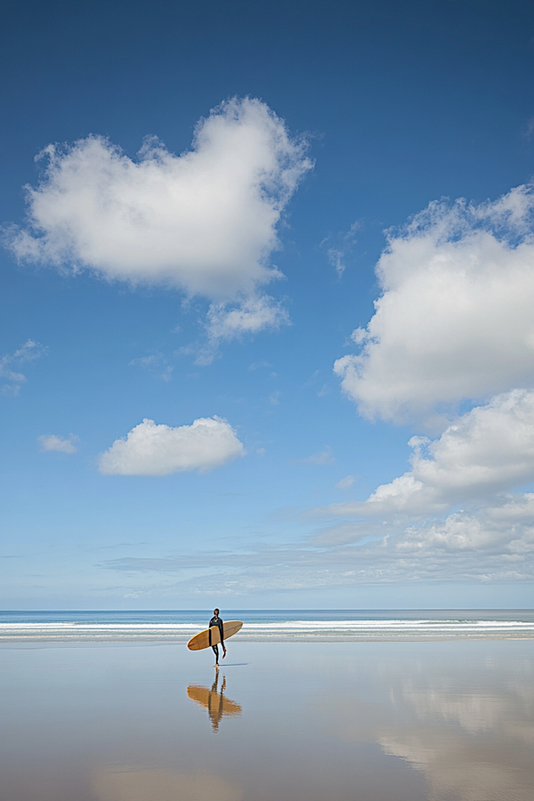 Lone Surfer on Reflective Beach