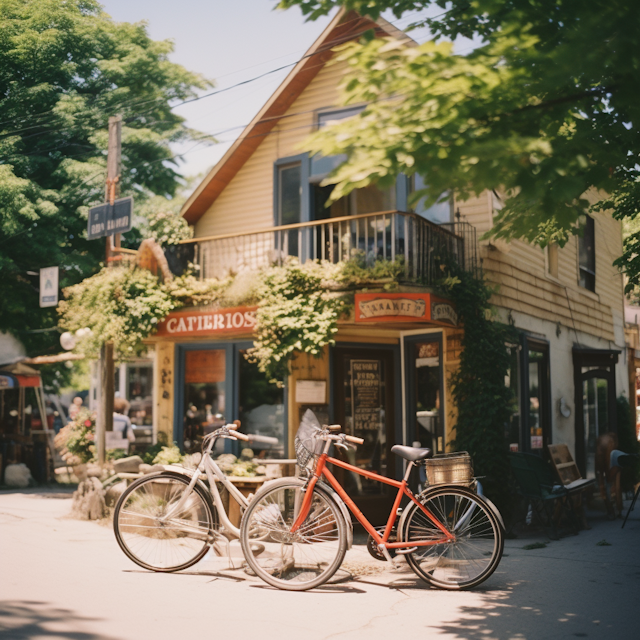 Bicycle Archway at the Cozy Tree-Lined Cafe