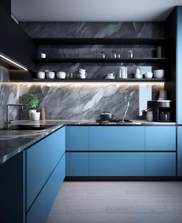 Modern Contrast Kitchen with Blue Cabinets and Marble Accents