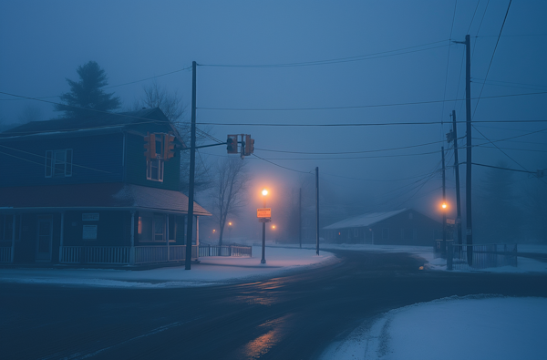 Tranquil Snowy Evening at an Intersection