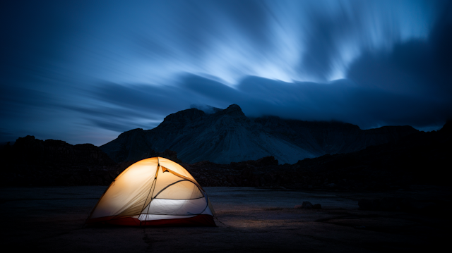 Dramatic Mountainous Tent Under Night Sky