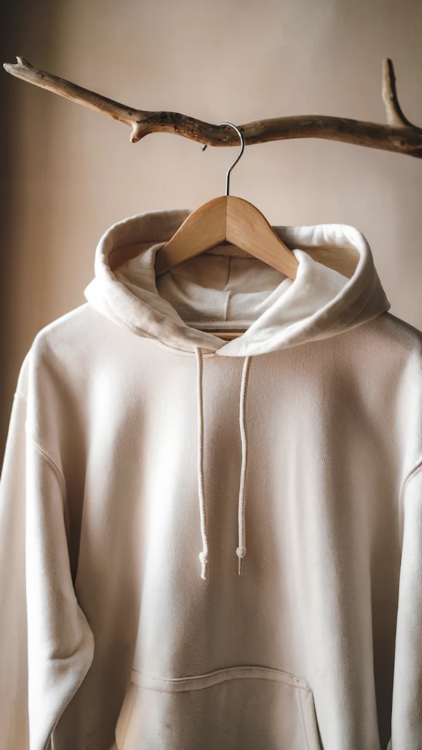 Beige Hoodie on Rustic Branch