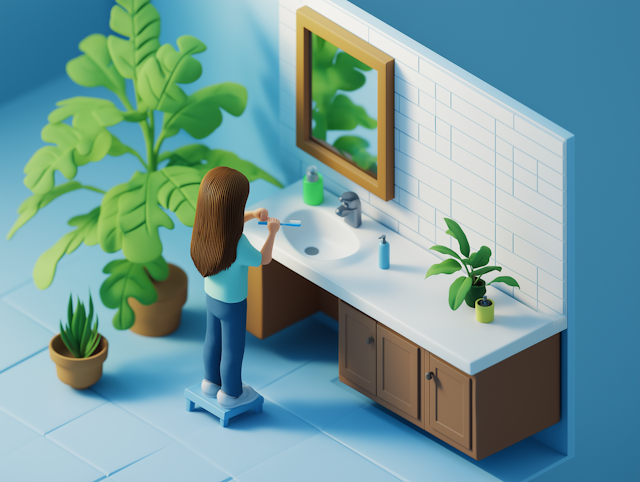 Young Girl Brushing Teeth in 3D-Modeled Bathroom