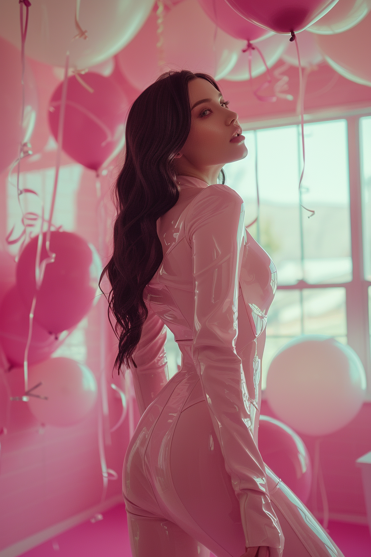 Woman in Latex with Pink Balloons