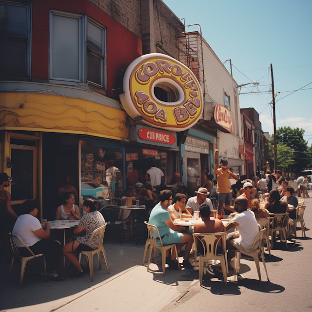 Sunny Sidewalk Café with Stylized Donut Sign