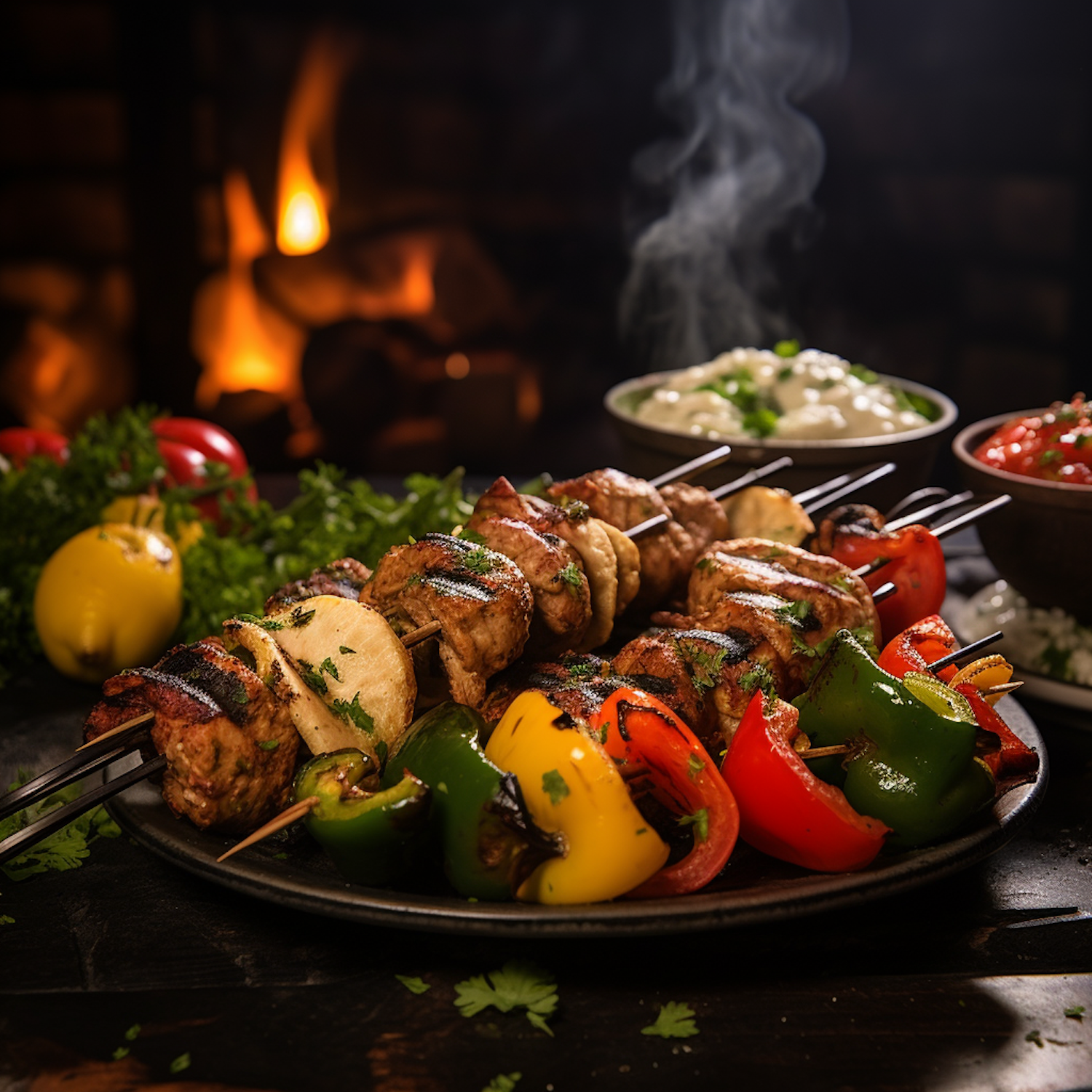 Char-Grilled Kebabs on Rustic Plate