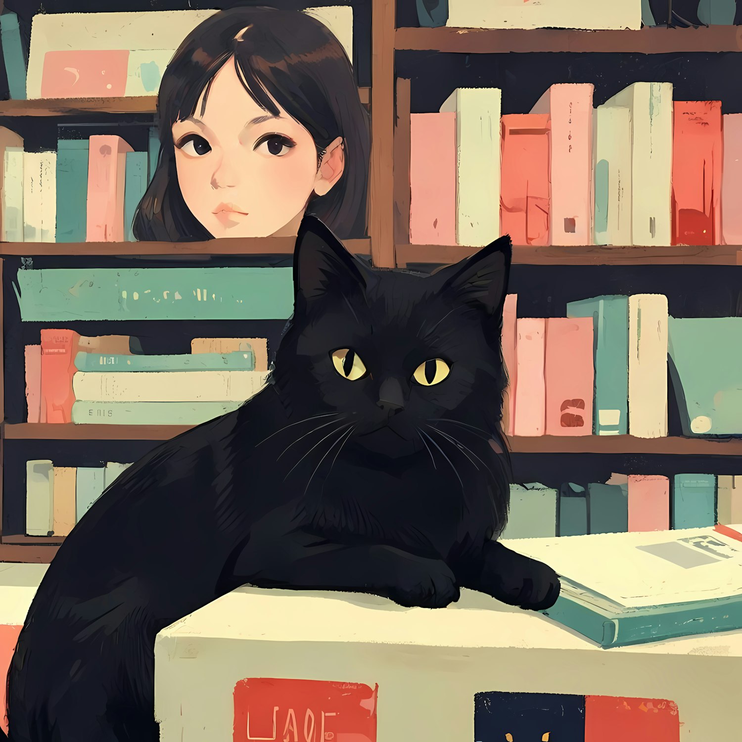 Cat and Woman in Library