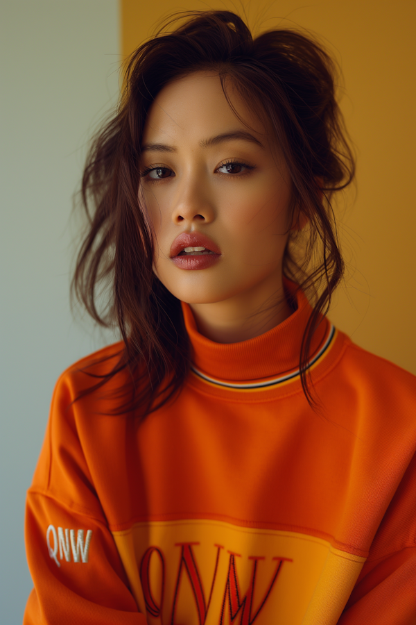 Contemplative Woman in Orange Turtleneck