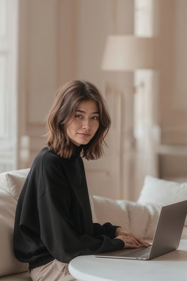 Young Woman Working on Laptop at Home