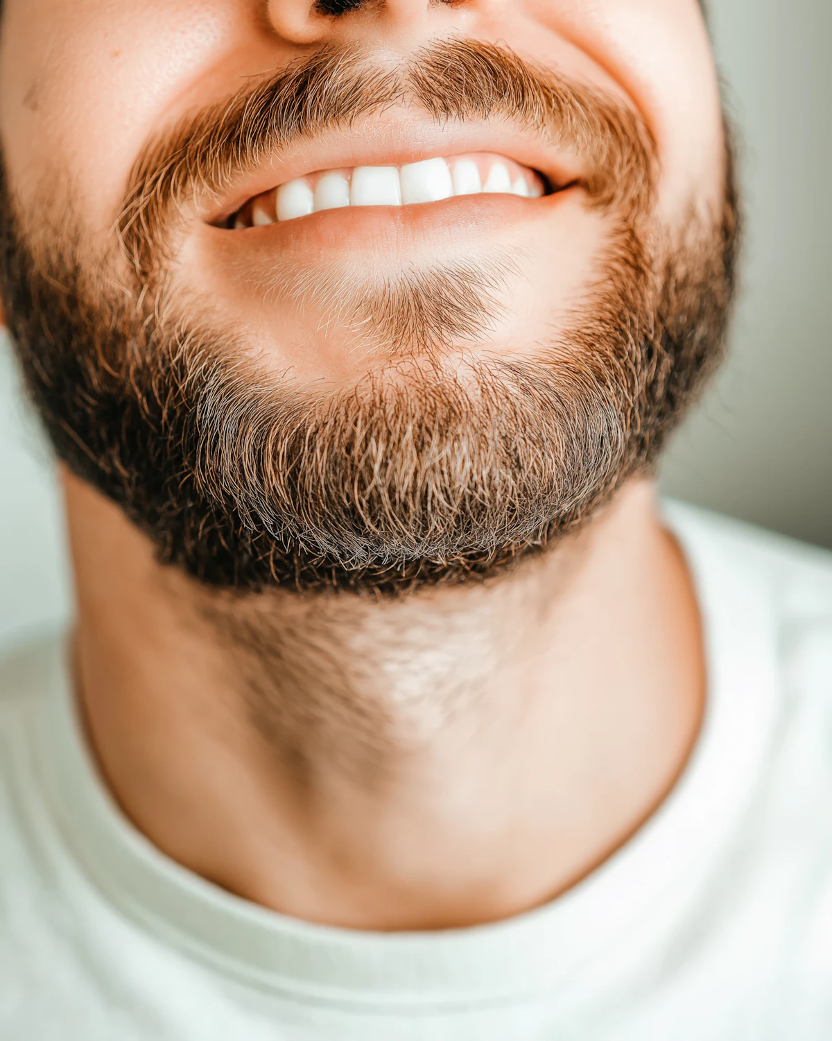 Smiling man with a neatly trimmed and shaped brown beard