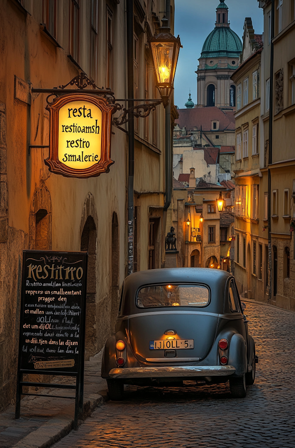 European Street at Dusk with Vintage Car