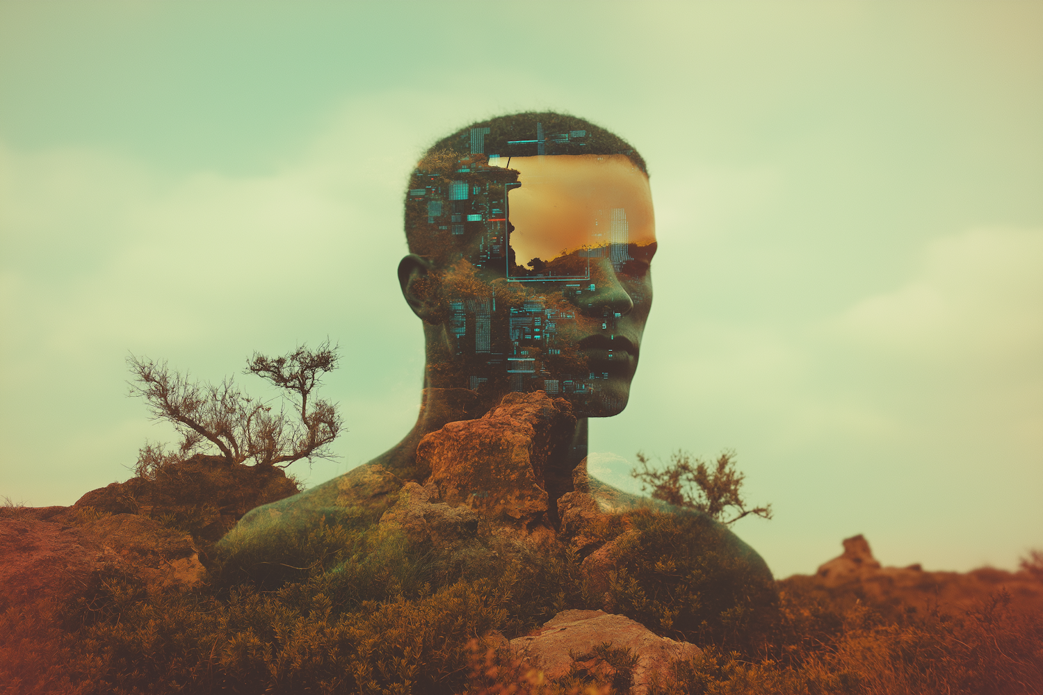 Double Exposure Human Silhouette with Landscape