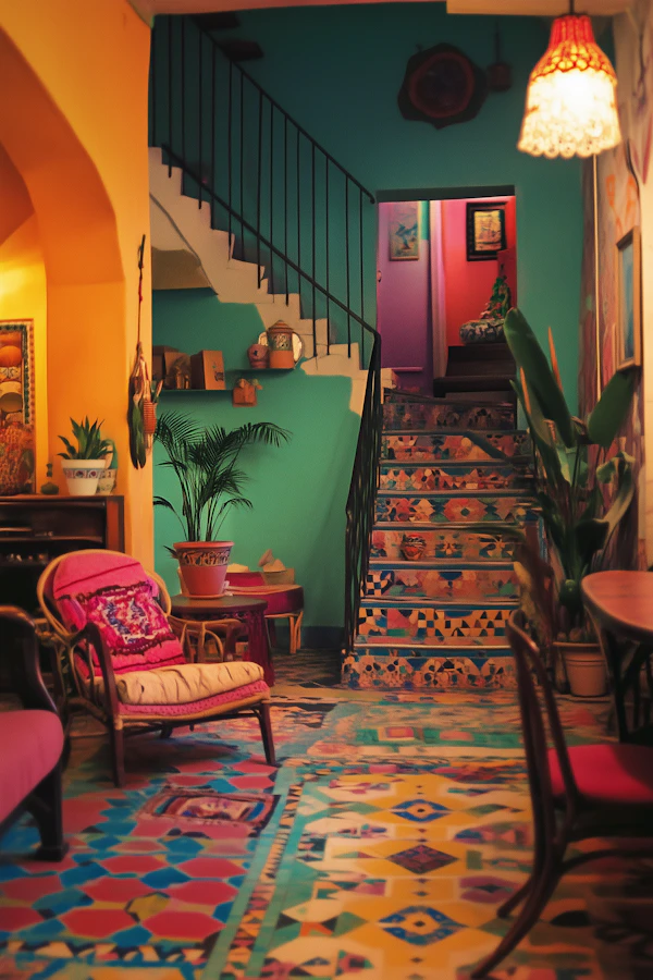 Vibrant Interior with Artistic Staircase