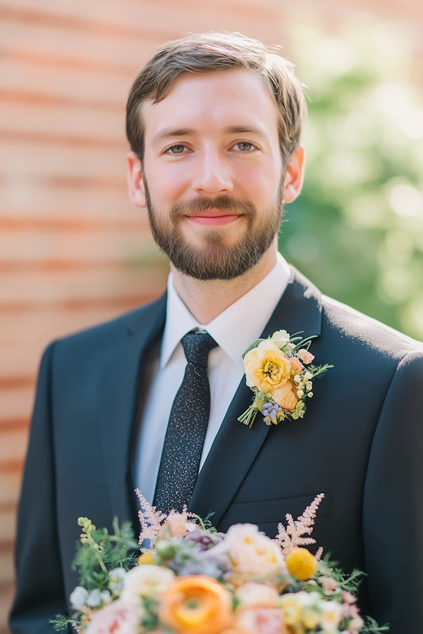 Man in Formal Suit with Bouquet