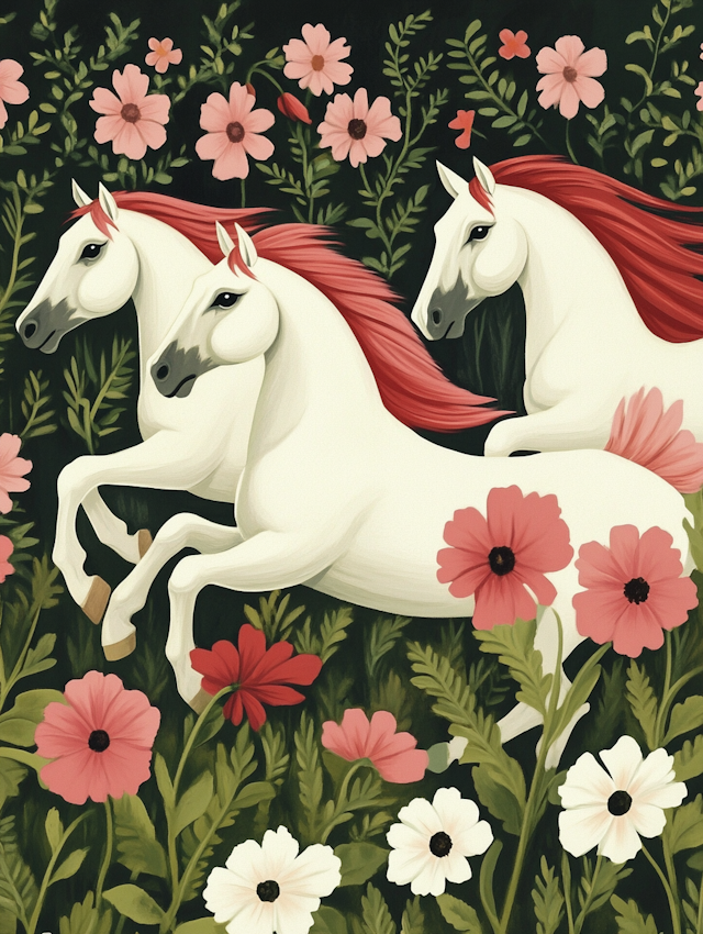 Galloping Horses in Flower Field