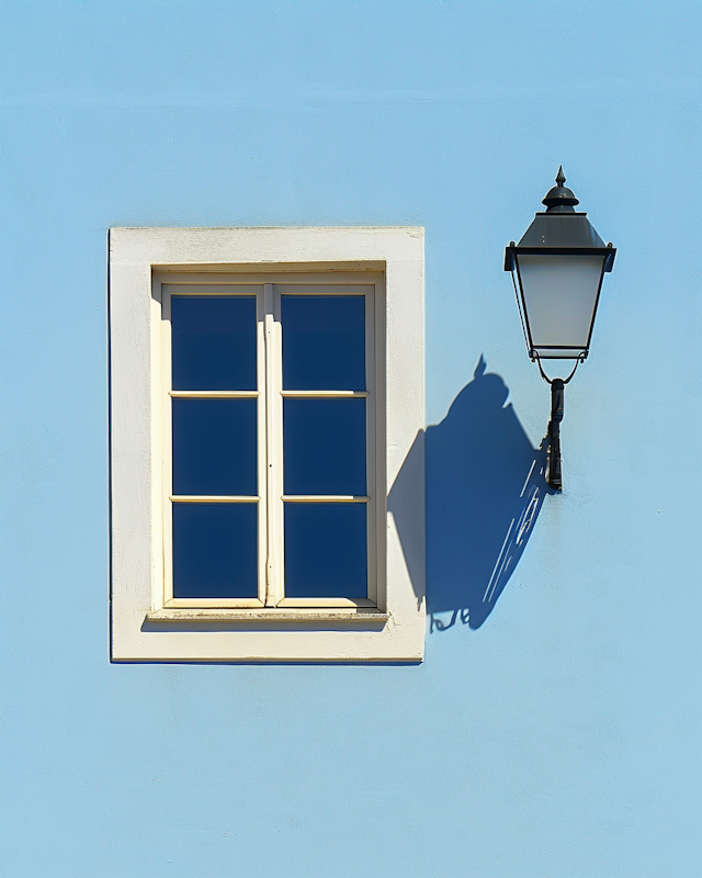 Blue Wall with Double Window and Street Lamp