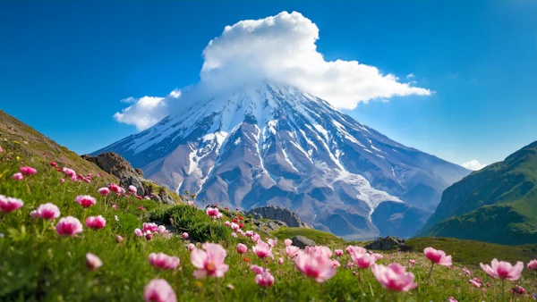 Majestic  Mount Damavand and Blooming Meadow