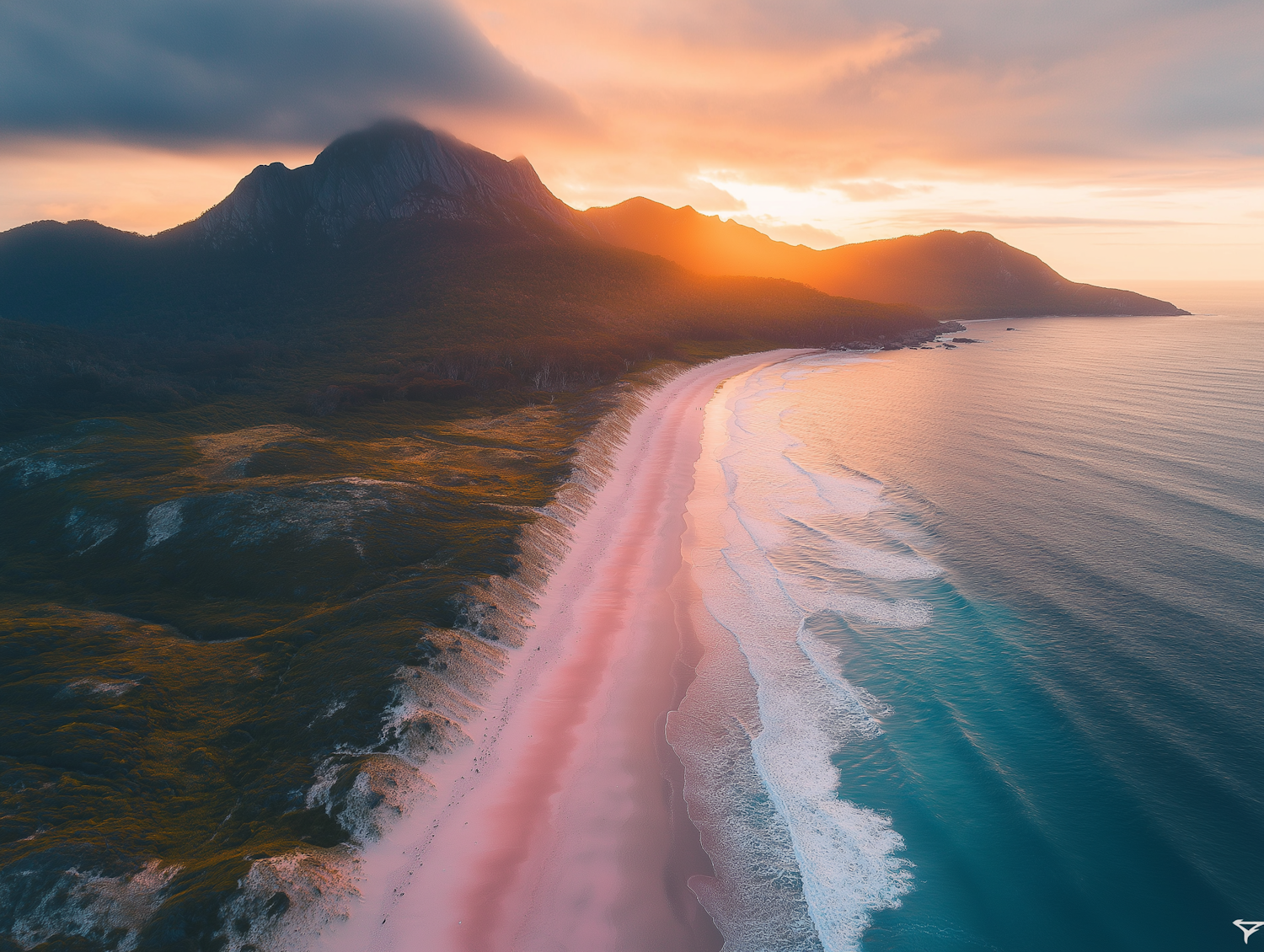 Sunset Over Pink Sand Beach with Mountain