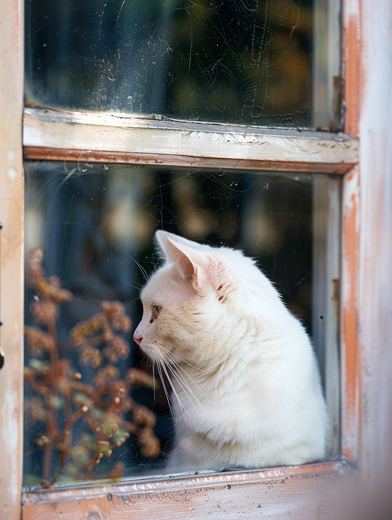 Contemplative White Cat Behind Old Window