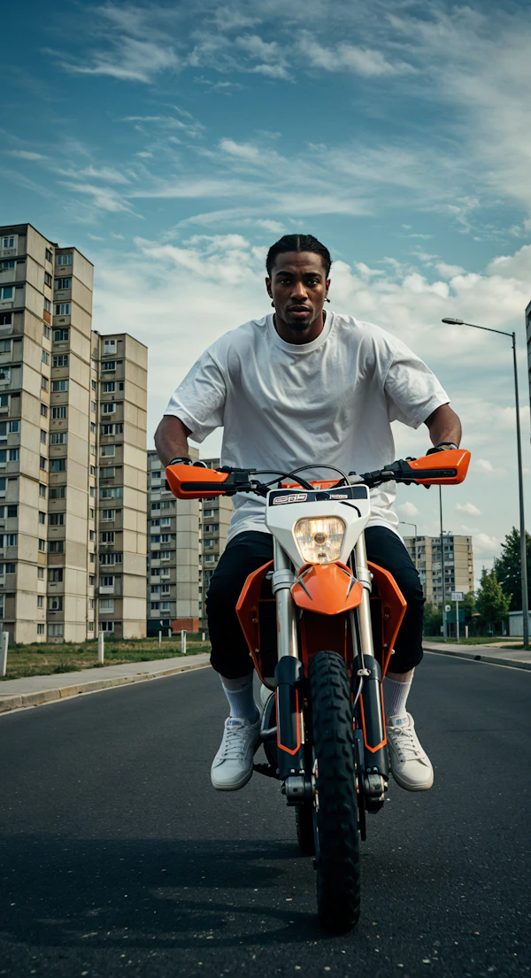 Man Riding Motorcycle in Urban Street