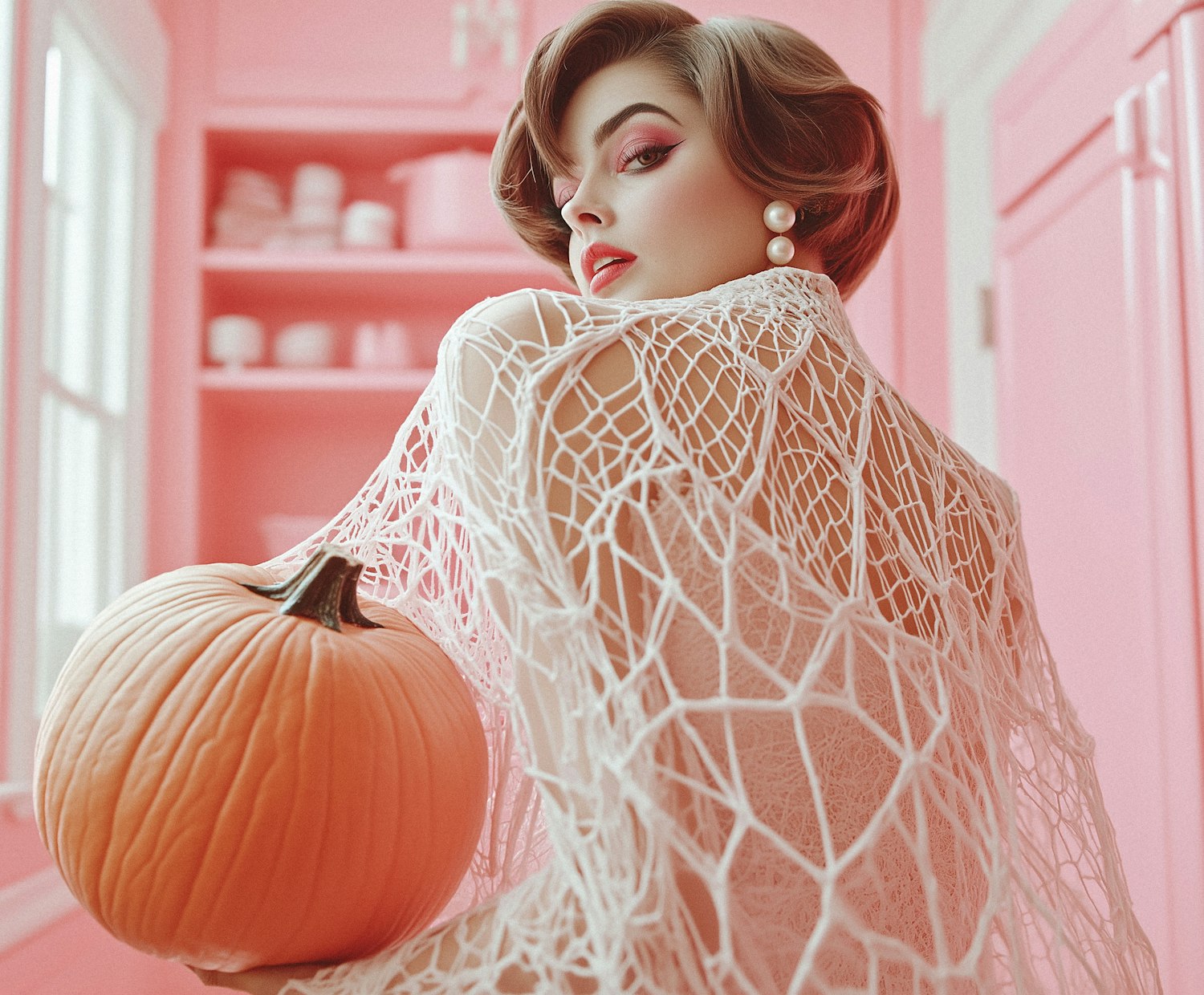 Woman with Pumpkin in Pink Room