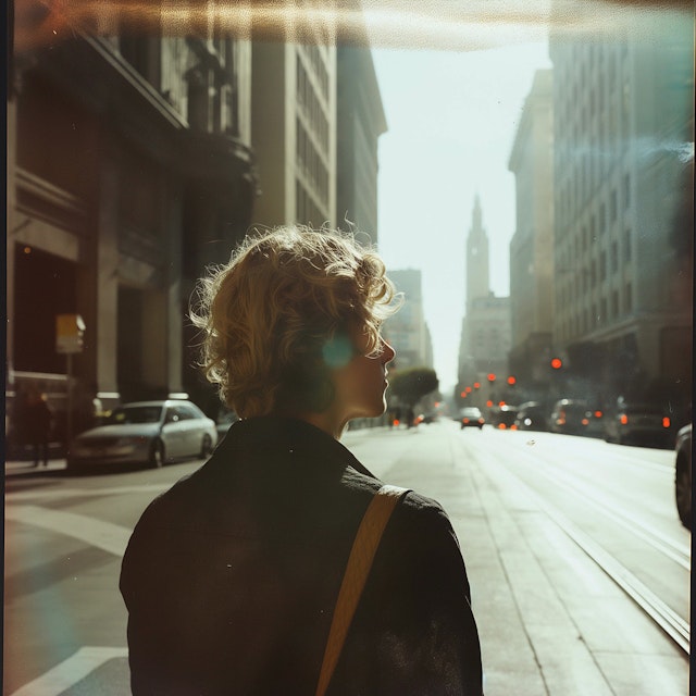 Contemplative Woman in Sunlit City