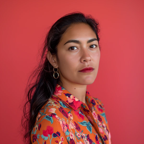 Serene Woman in Floral Shirt with Red Backdrop