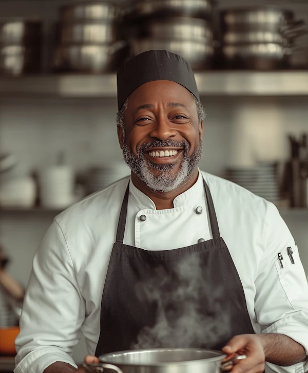 Smiling Chef with Steaming Pot