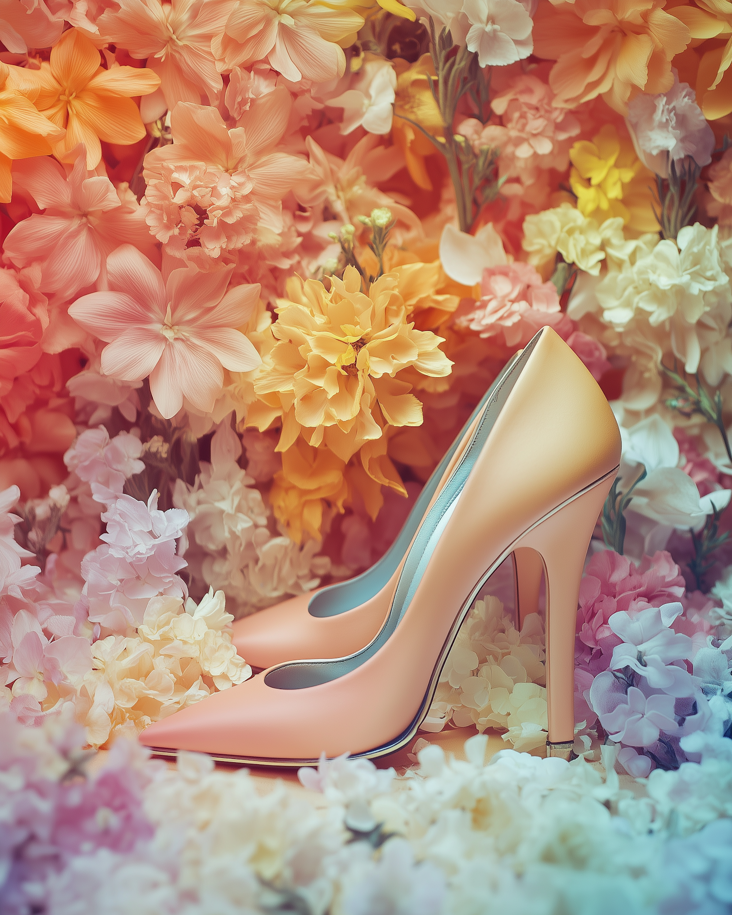 Elegant Peach High Heels with Floral Backdrop