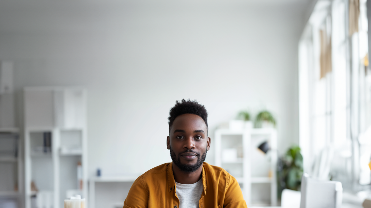 Confident and Friendly Man with Beard in Mustard-Yellow Shirt