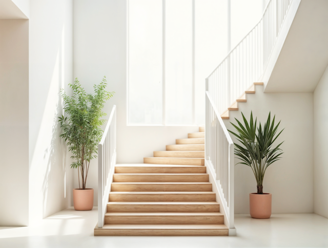 Minimalist Interior with Wooden Staircase