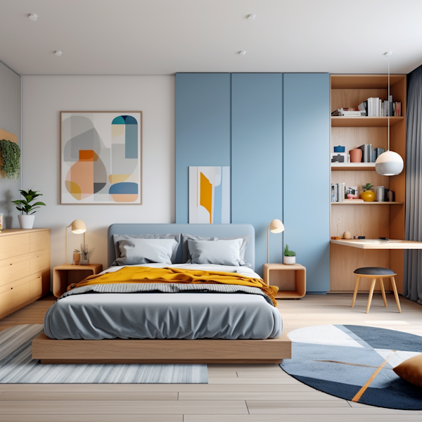 Harmonious Blue and Wood-Toned Modern Bedroom