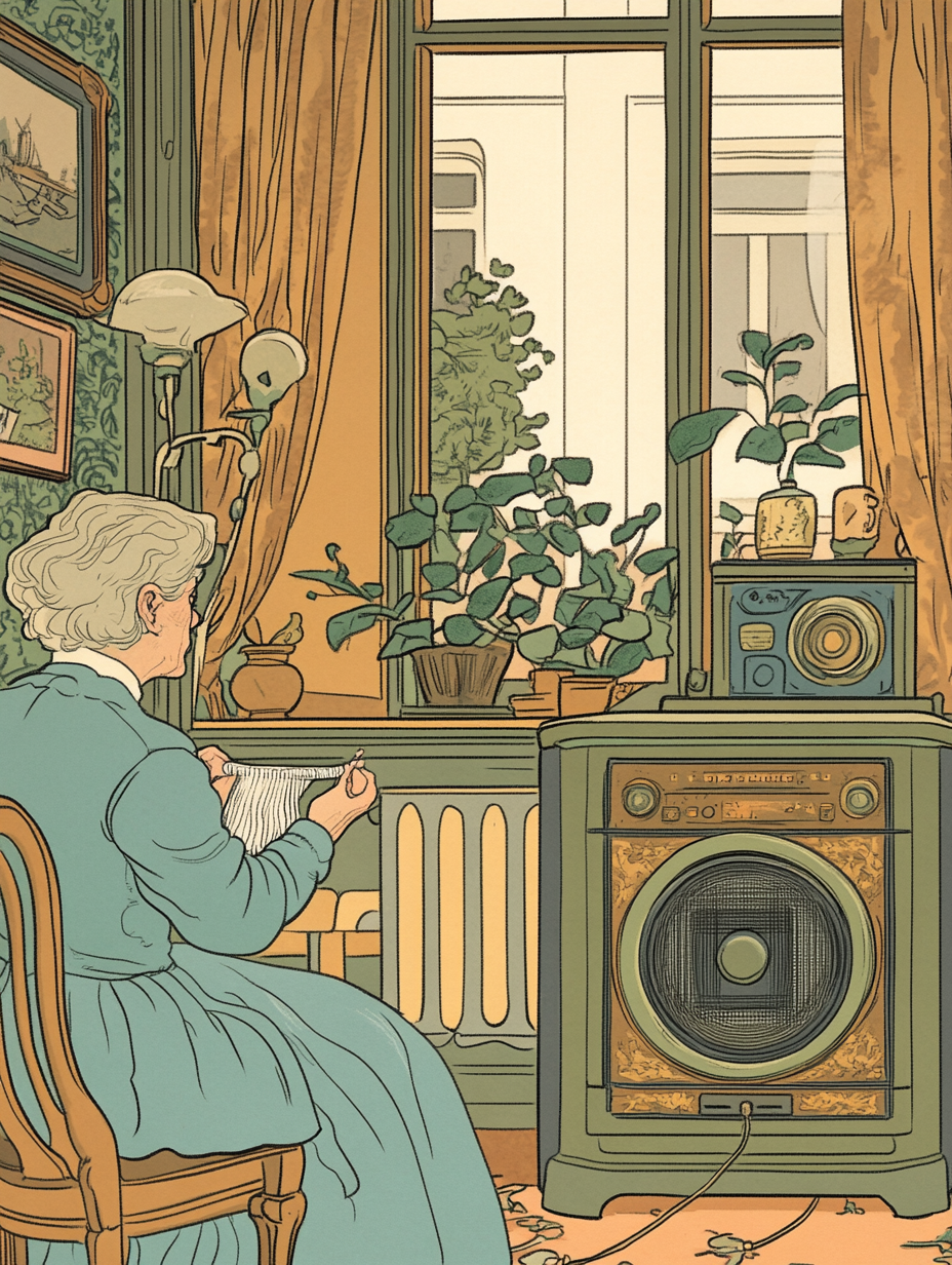 Elderly Woman Knitting in Cozy Room Illustration on Lummi
